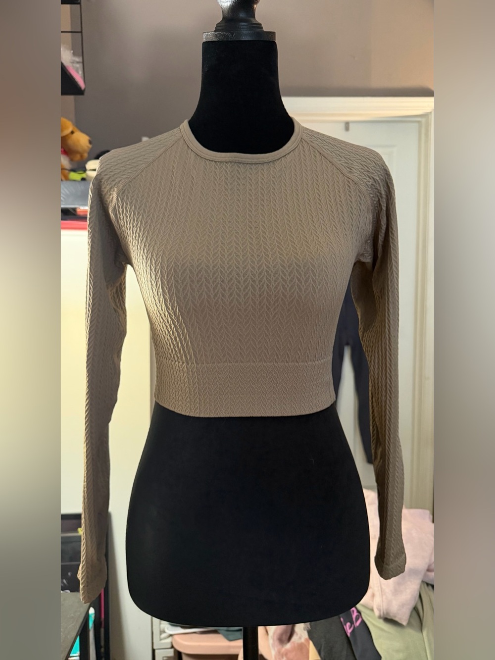 AYBL Taupe Textured Cropped Sweatshirt with Thumbholes